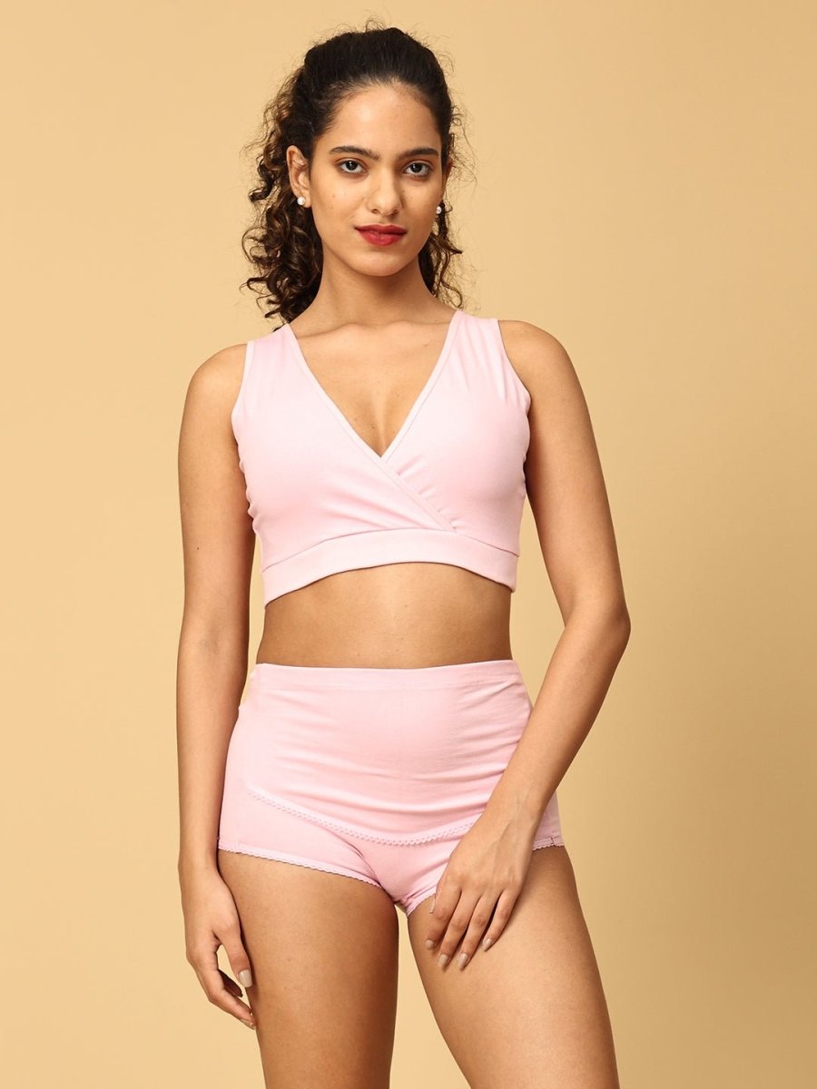 Combo Of Maternity Nursing Sleep Bra and Overbelly Support Panties -Pink - LNGR2-AN-PNK-S