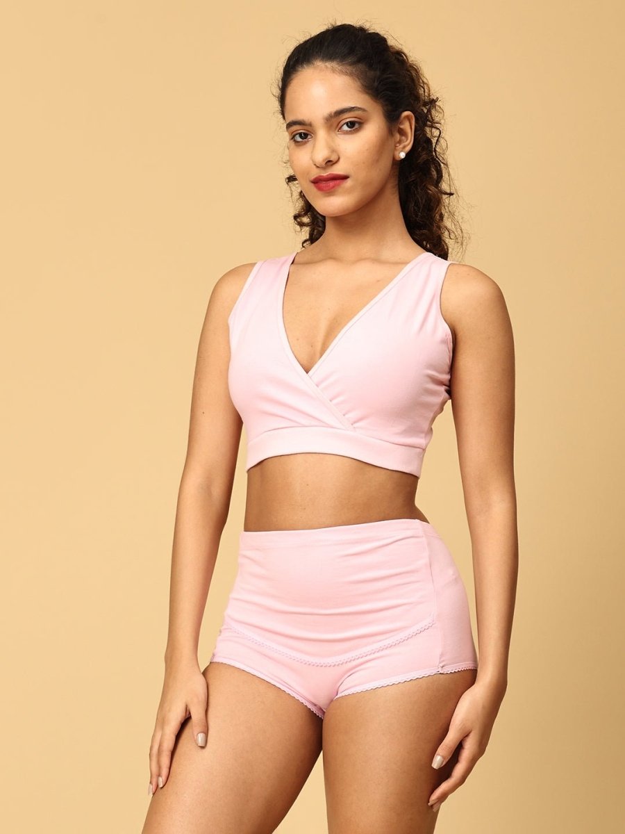 Combo Of Maternity Nursing Sleep Bra and Overbelly Support Panties -Pink - LNGR2-AN-PNK-S
