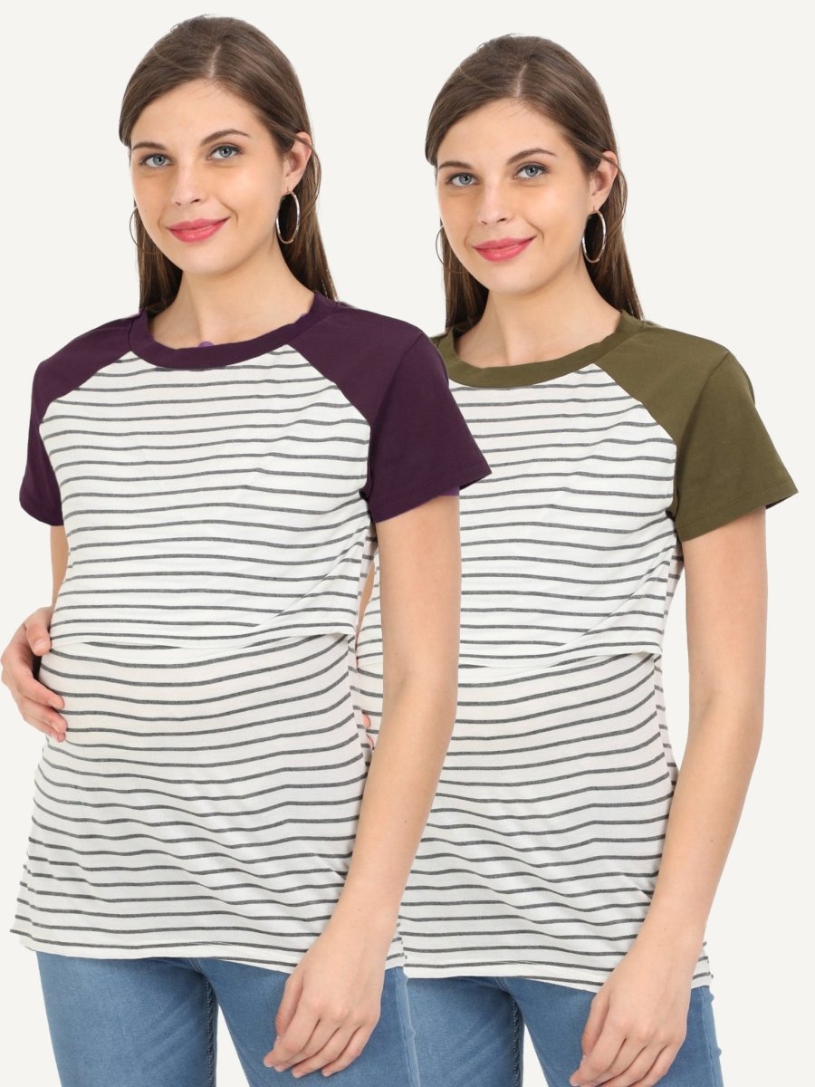 Combo Of Olive you & Purple Stripes Maternity and Nursing Top - MAT-2-OLYPS-S