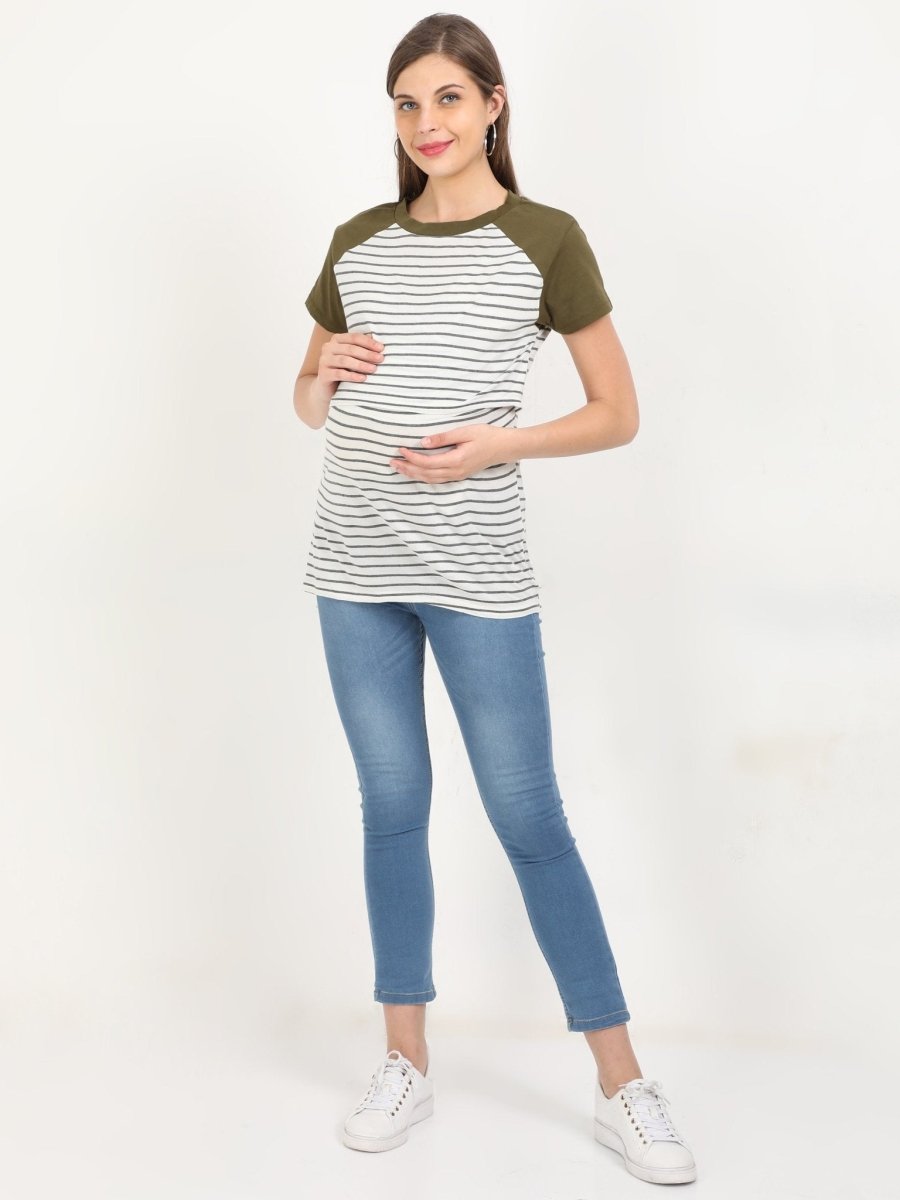 Combo Of Olive you & Purple Stripes Maternity and Nursing Top - MAT-2-OLYPS-S