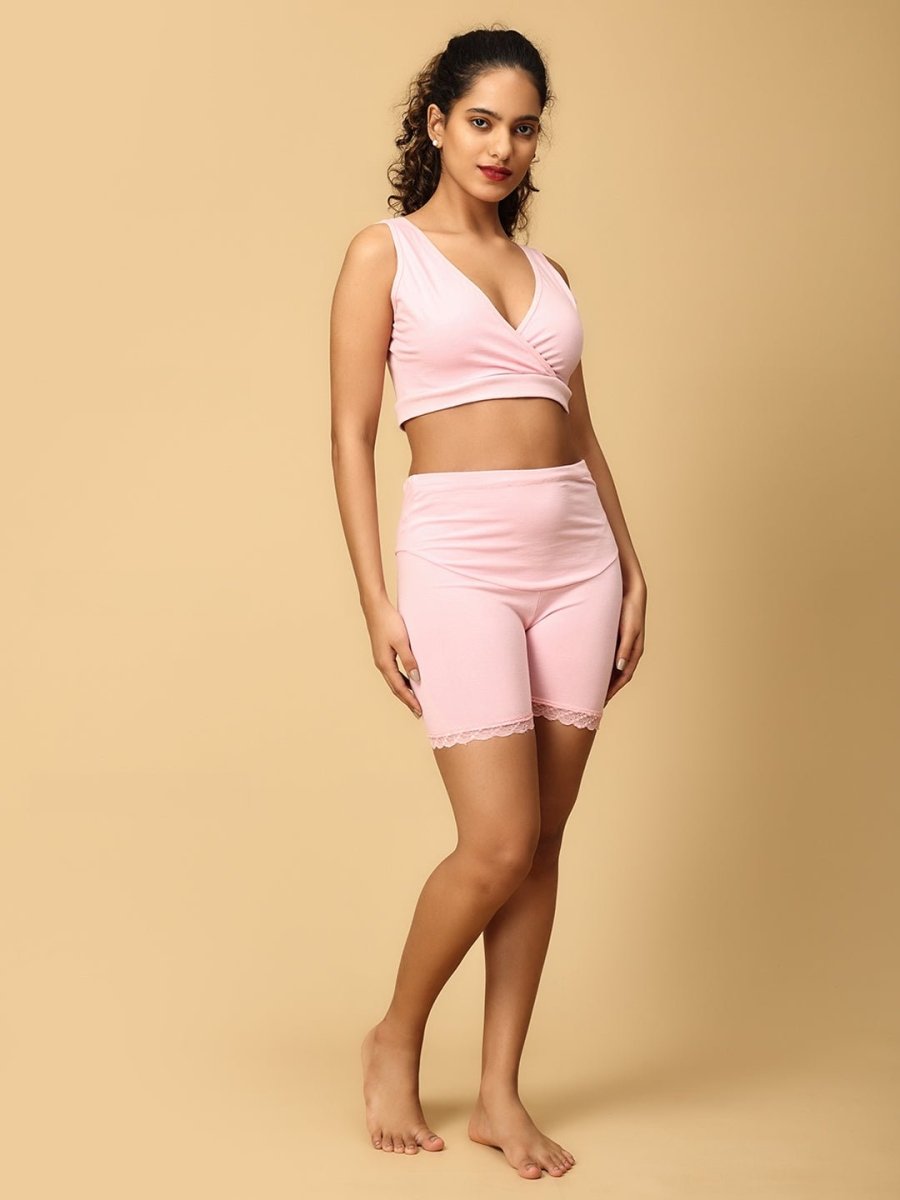 Combo of Rose Pink Maternity Boyshort and Maternity Nursing Sleep Bra - LNGR2-PNK-BYSB-S