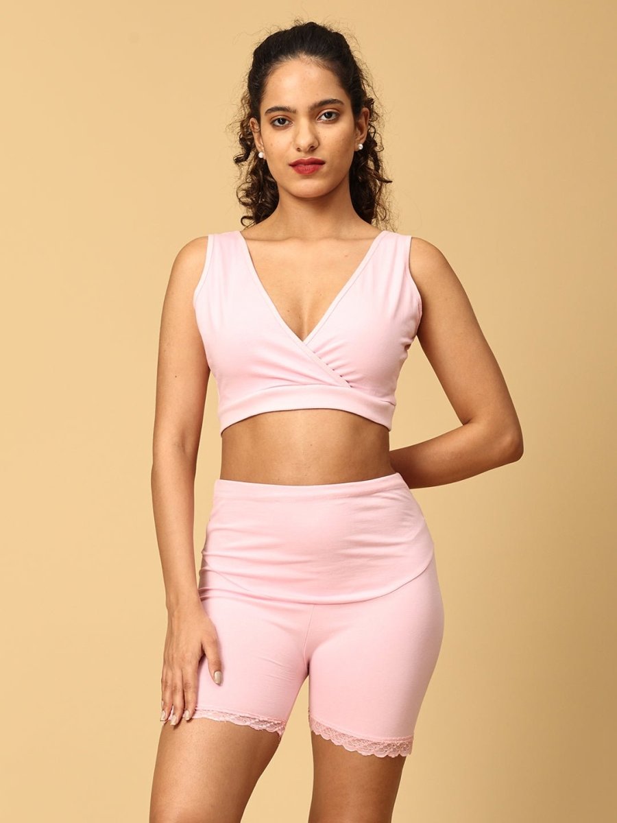 Combo of Rose Pink Maternity Boyshort and Maternity Nursing Sleep Bra - LNGR2-PNK-BYSB-S
