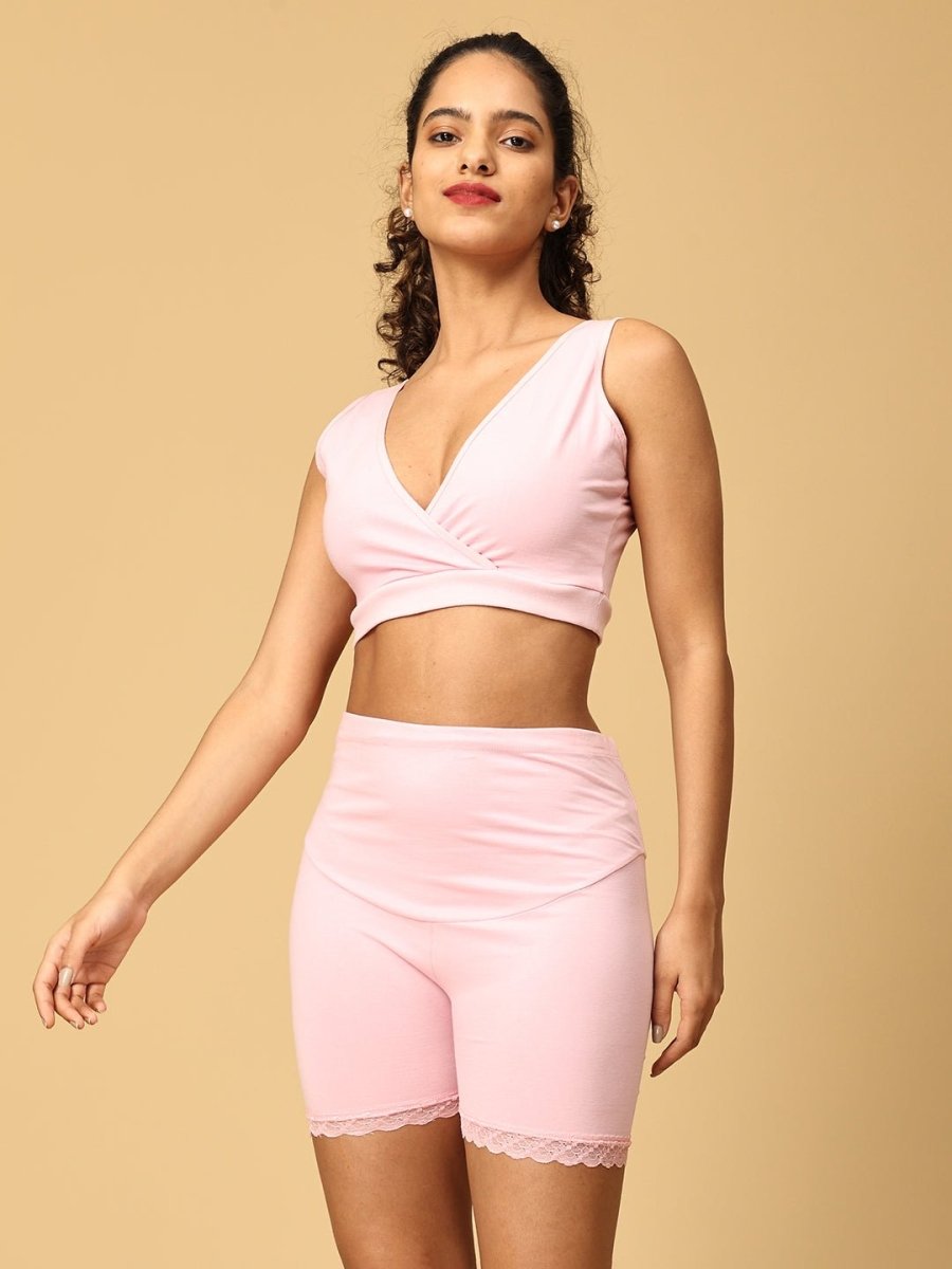 Combo of Rose Pink Maternity Boyshort and Maternity Nursing Sleep Bra - LNGR2-PNK-BYSB-S