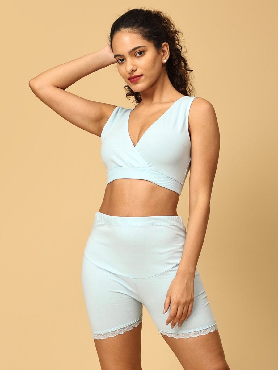 Combo of Sky Blue Maternity Boyshort and Maternity Nursing Sleep Bra - LNGR2-BLU-BYSB-S