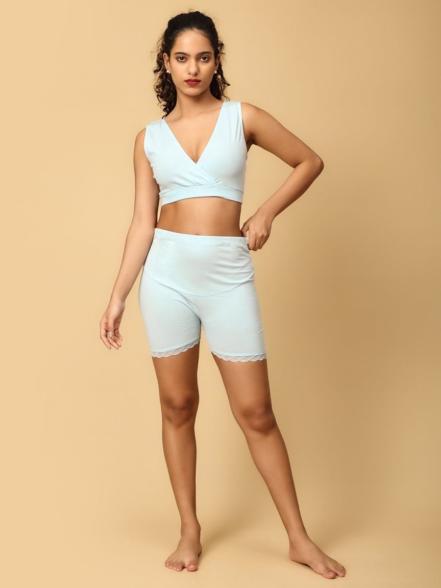 Combo of Sky Blue Maternity Boyshort and Maternity Nursing Sleep Bra - LNGR2-BLU-BYSB-S