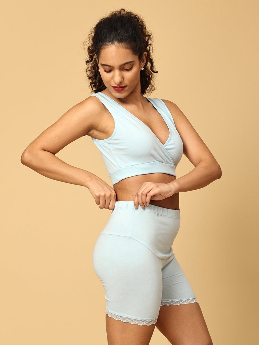 Combo of Sky Blue Maternity Boyshort and Maternity Nursing Sleep Bra - LNGR2-BLU-BYSB-S
