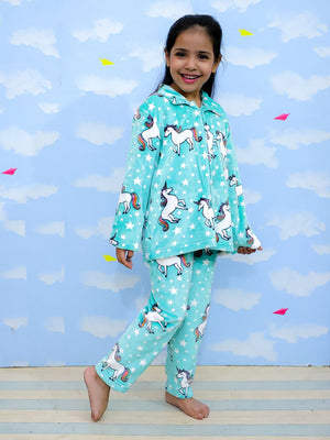 Combo of Unicorn Slumber Party Fleece Pajama and Blanket - Aqua Baby Pyjamas Set