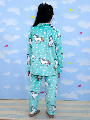 Combo of Unicorn Slumber Party Fleece Pajama and Blanket - Aqua Baby Pyjamas Set