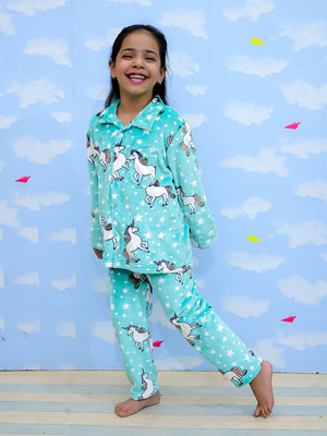 Combo of Unicorn Slumber Party Fleece Pajama and Blanket - Aqua Baby Pyjamas Set