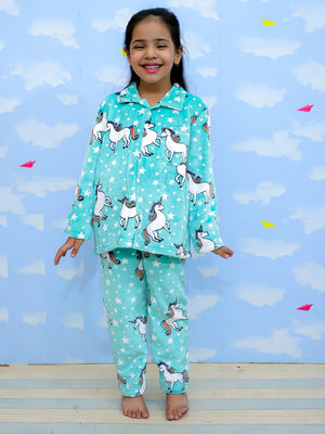 Combo of Unicorn Slumber Party Fleece Pajama and Blanket - Aqua Baby Pyjamas Set