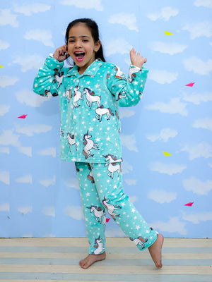 Combo of Unicorn Slumber Party Fleece Pajama and Blanket - Aqua Baby Pyjamas Set