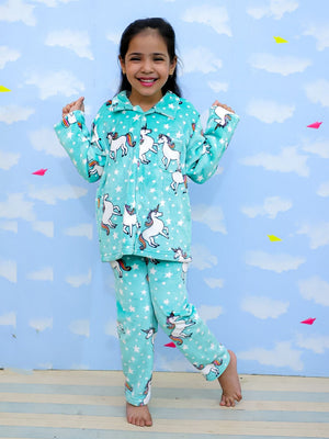Combo of Unicorn Slumber Party Fleece Pajama and Blanket - Aqua Baby Pyjamas Set