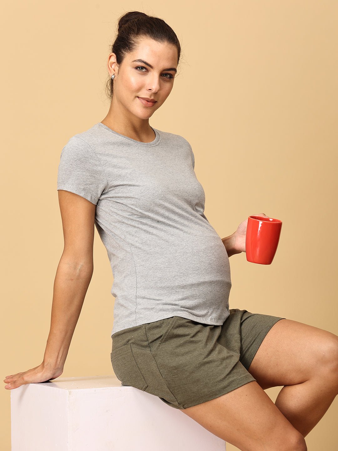 COMFY MATERNITY SHORTS- Olive Melange