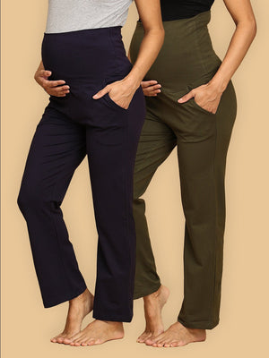 Comfy Maternity Trackpants Combo of 2 - PYJ2 - PN - OLVBLU - S