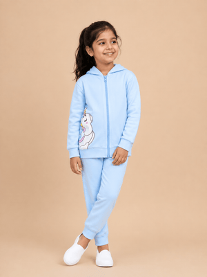 Cool Unicorn Zipper Hoodie & Light Blue Sweatpants Combo - Light Blue Kids Winter Set