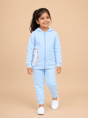 Cool Unicorn Zipper Hoodie & Light Blue Sweatpants Combo - Light Blue Kids Winter Set