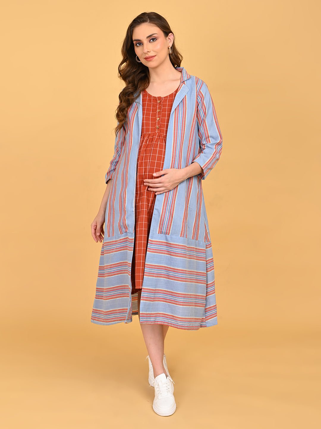 Front view of Copper Daybreak maternity and nursing dress with sleeveless design and wooden button placket.