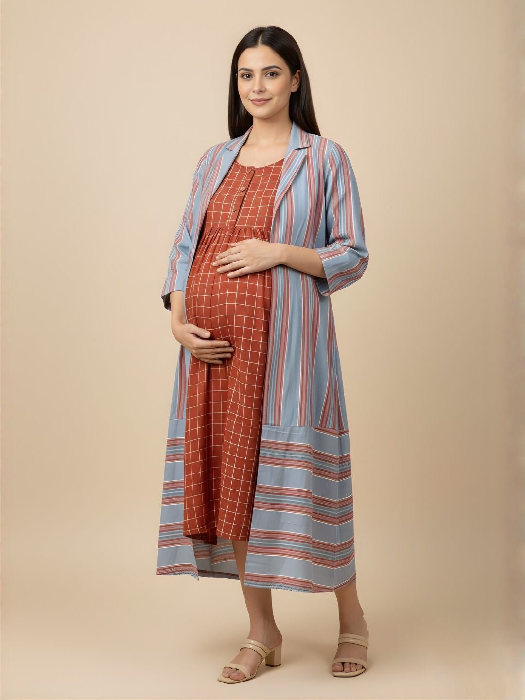 Front view of Copper Daybreak Maternity and Nursing Shacket Dress styled with striped shacket over rust check nursing dress