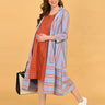 Full front view of Copper Daybreak maternity dress paired with blue striped long shacket.