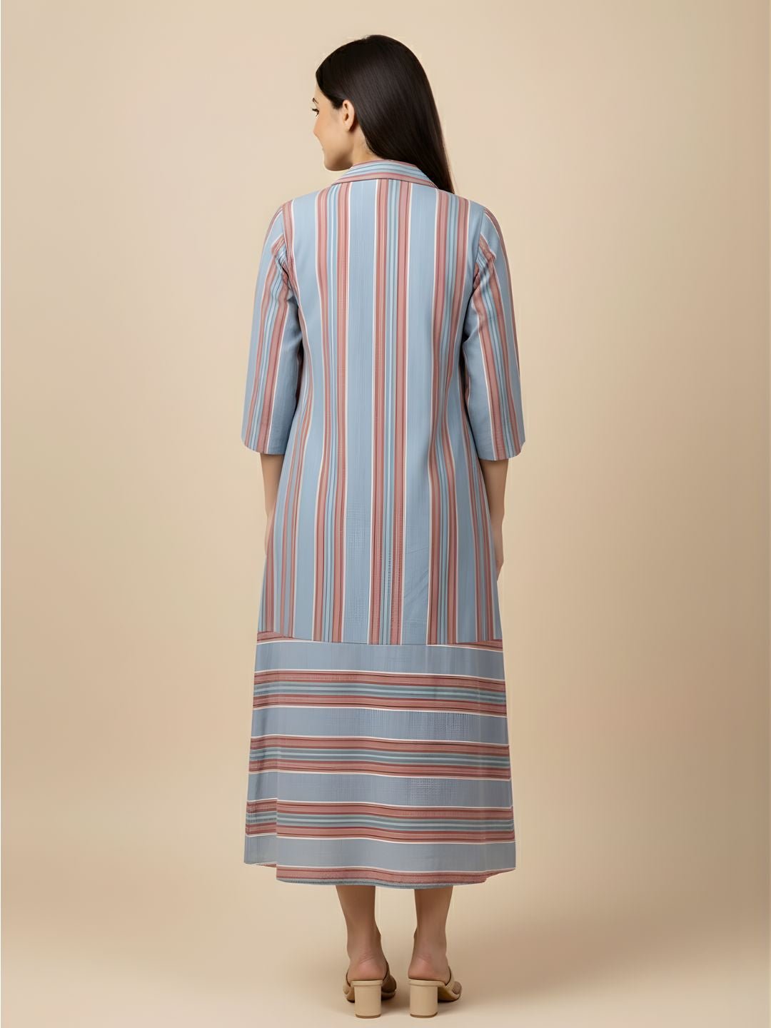 Back view of Copper Daybreak Maternity and Nursing Shacket Dress showing blue striped longline shacket silhouette