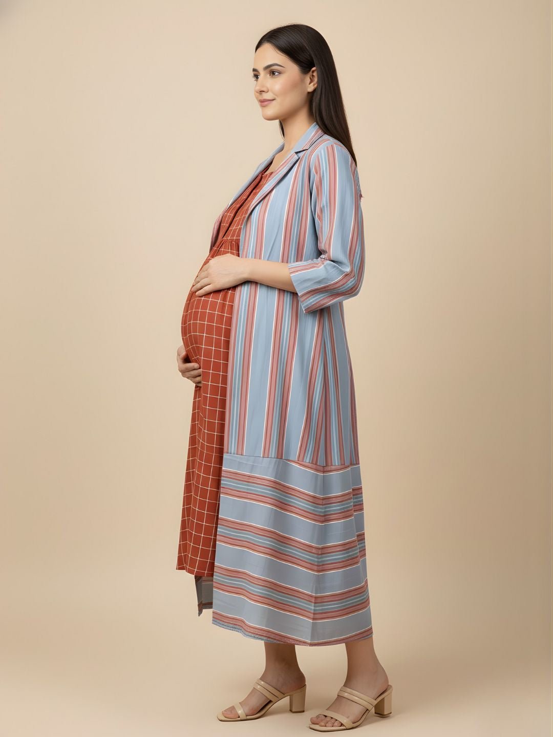 Angled side view of Copper Daybreak Maternity and Nursing Shacket Dress in rust check maternity midi dress