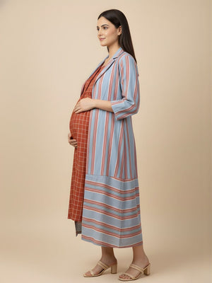 Angled side view of Copper Daybreak Maternity and Nursing Shacket Dress in rust check maternity midi dress
