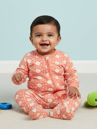 Coral Blossom Infant Zipper Romper