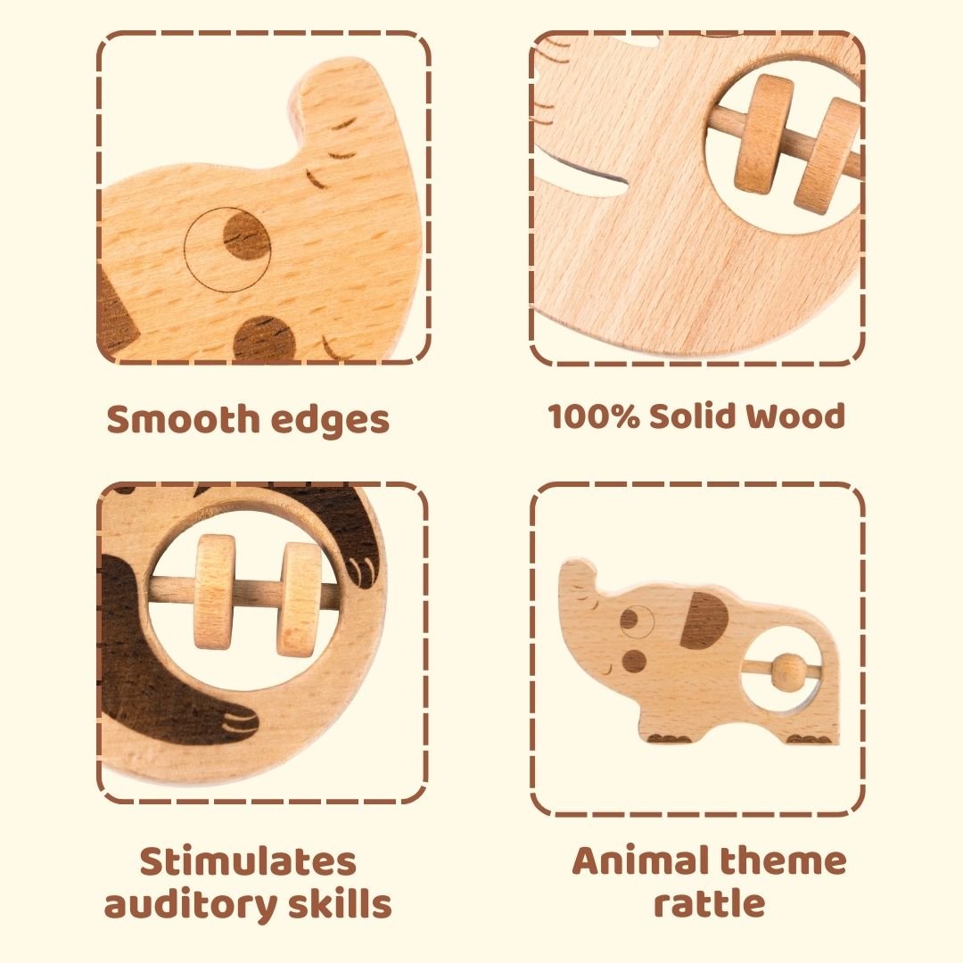 Cots and Cuddles 1pc Wooden Animal Shape Rattles for Kids Age 1+ - CNC Wooden Animal Rattle - Elephant