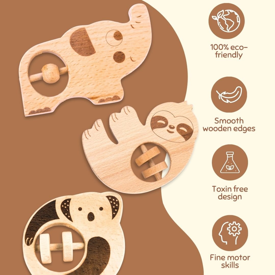 Cots and Cuddles 1pc Wooden Animal Shape Rattles for Kids Age 1+ - CNC Wooden Animal Rattle - Elephant