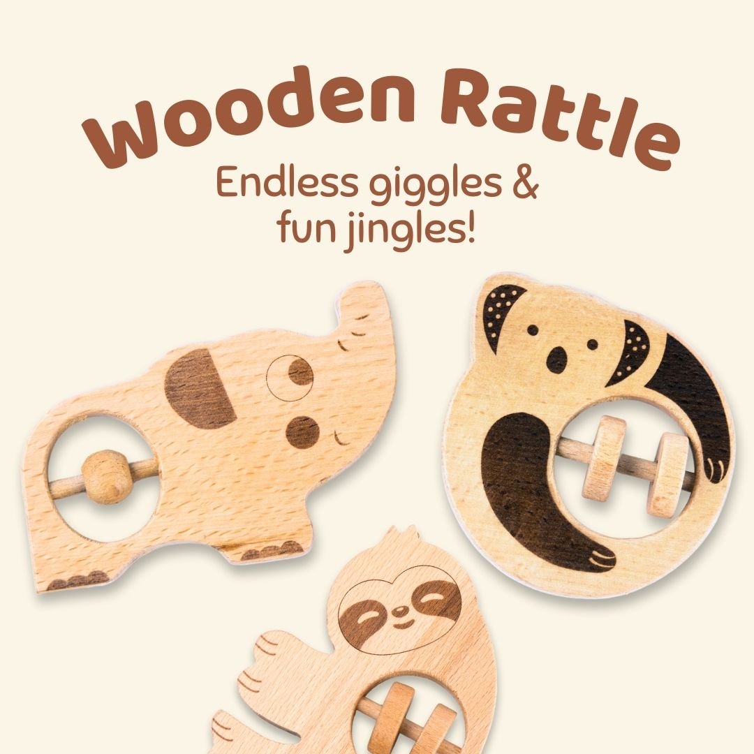 Cots and Cuddles 1pc Wooden Animal Shape Rattles for Kids Age 1+ - CNC Wooden Animal Rattle - Elephant