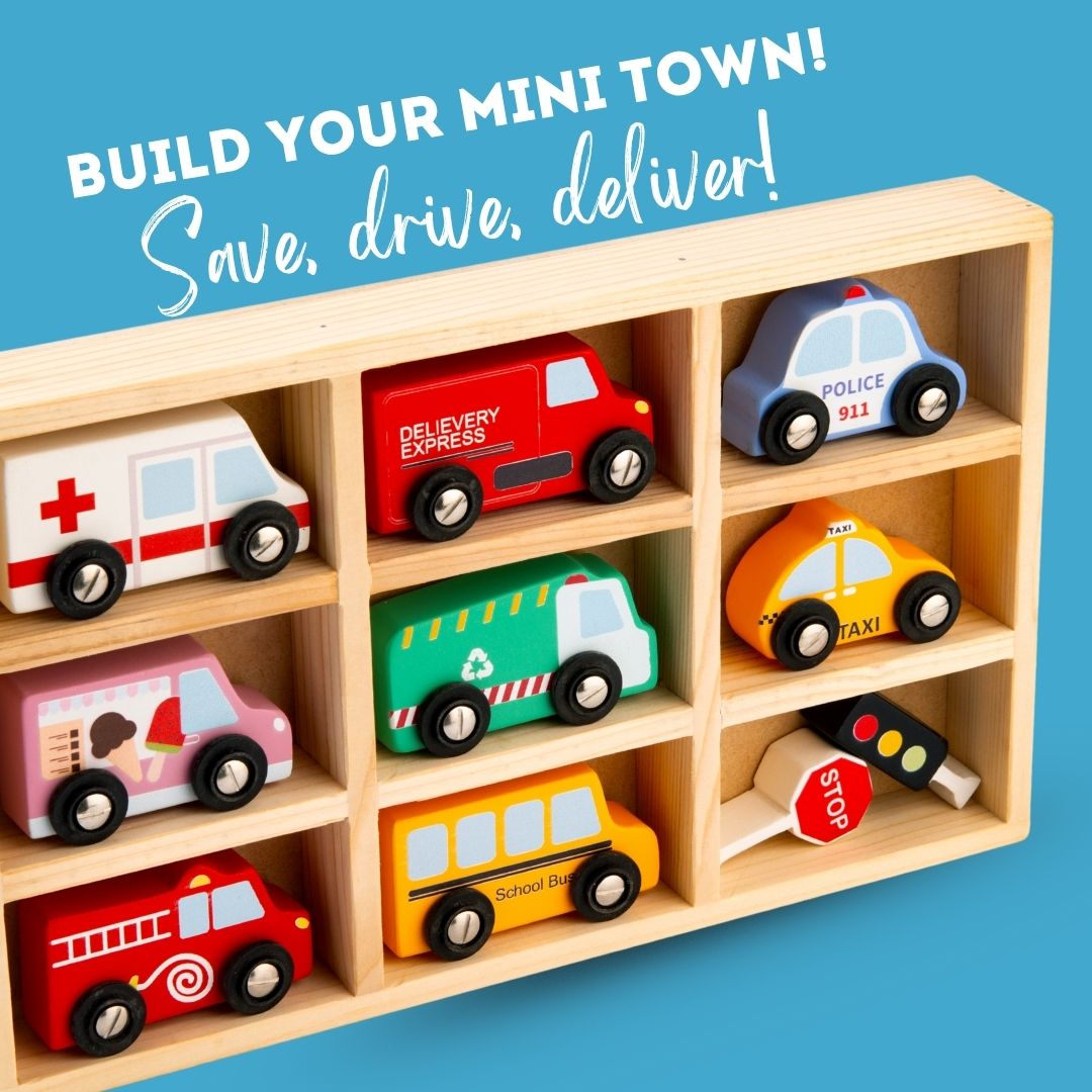 Set of toy vehicles including an ambulance, delivery truck, police car, taxi, and school bus on a wooden shelf with a blue background and text 'Build your mini town! Save, drive, deliver!'.