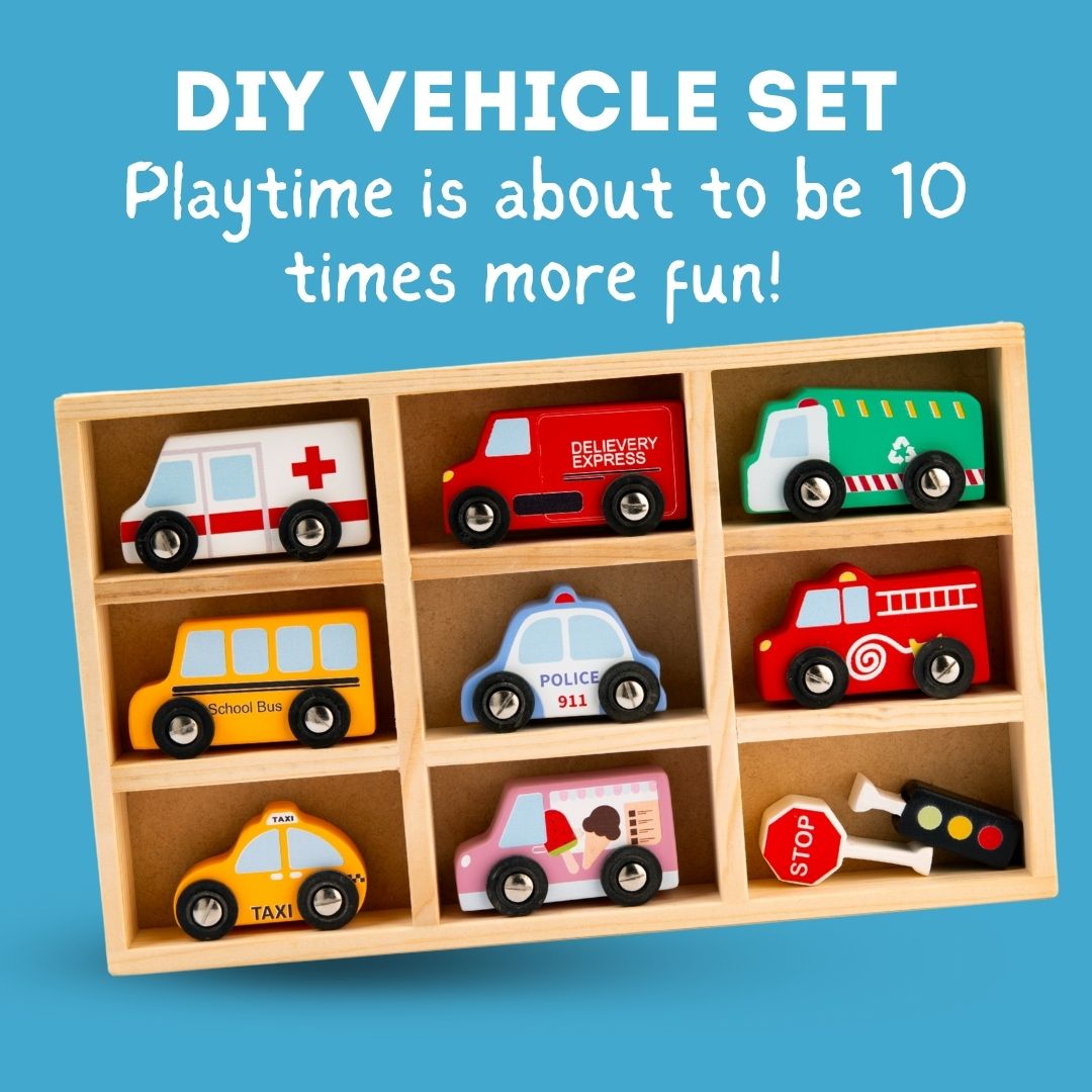 Wooden toy vehicle set with various colorful cars in a wooden display case on a blue background.