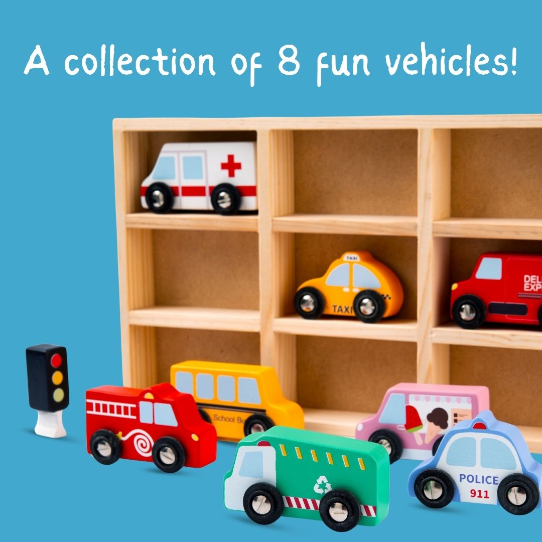 Collection of toy vehicles on a wooden shelf with a blue background