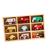 Set of toy cars in a wooden display case on a white background