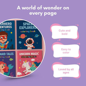 Cots and Cuddles Unicorn, Space, Mermaid & Superhero Theme Colouring Book for Kids - CNC4DesignColorBook