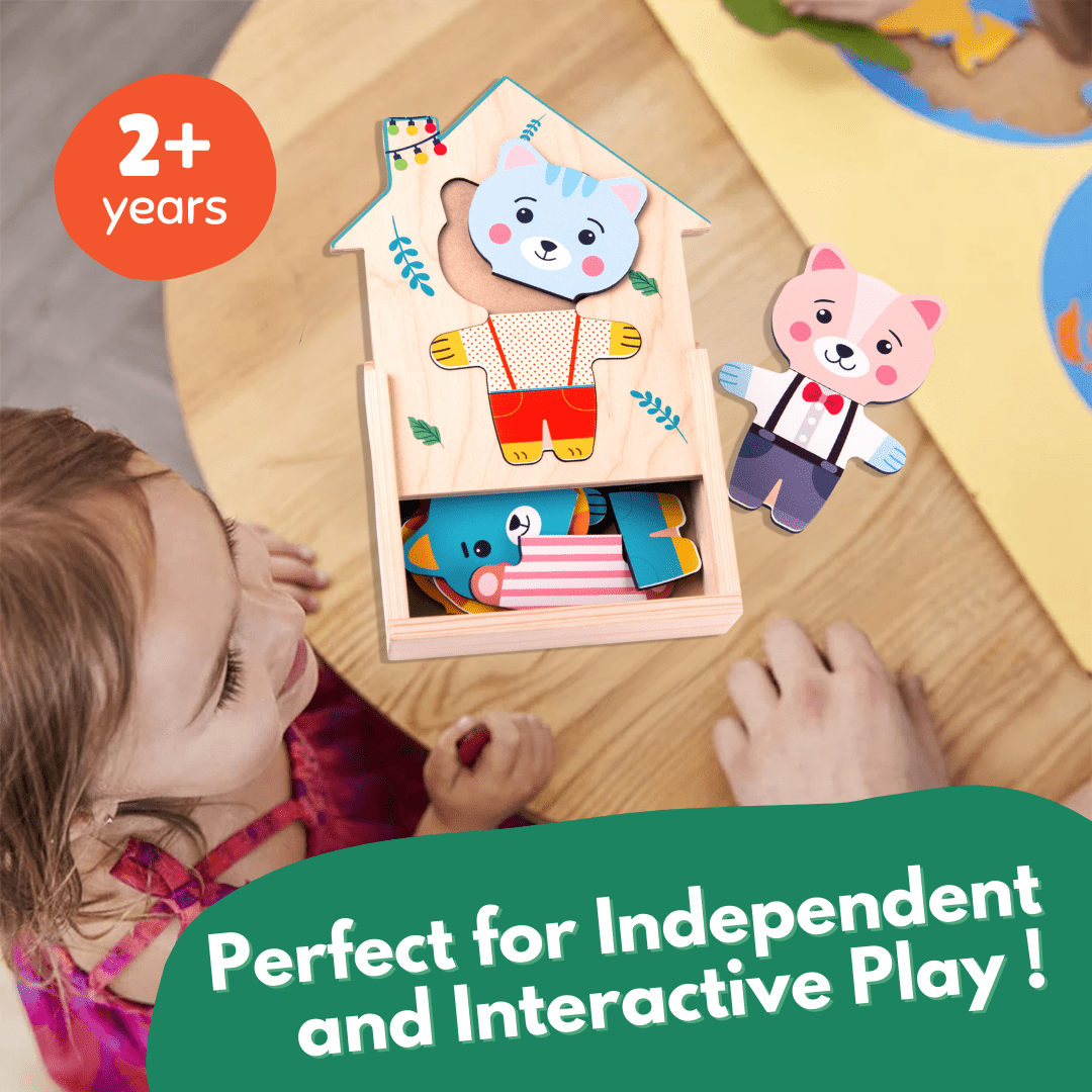Cots and Cuddles Wooden Animals Mix & Match Dress Up Game for Kids Age 2+ - CNC Wooden Zoo Crew