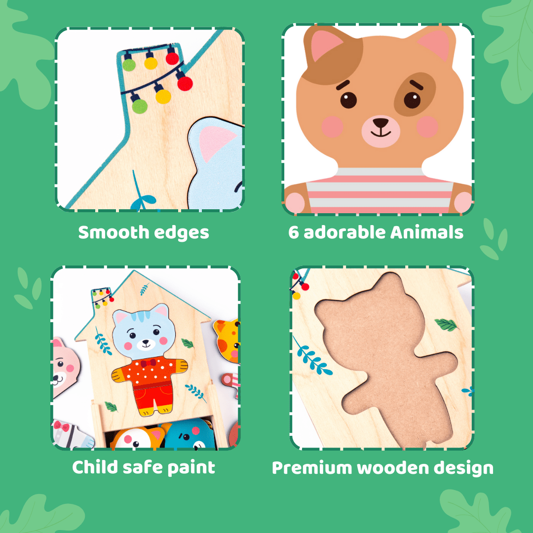 Cots and Cuddles Wooden Animals Mix & Match Dress Up Game for Kids Age 2+ - CNC Wooden Zoo Crew
