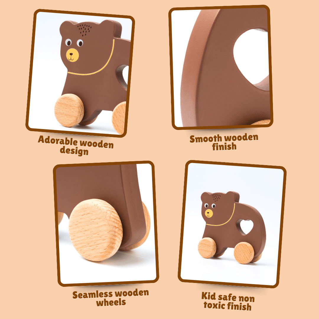 Cots and Cuddles Wooden Bear with Wheels Toy for Kids - CNCWoodenBearCar
