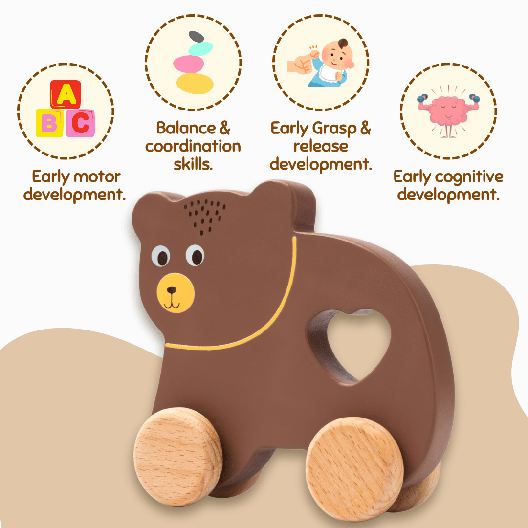 Cots and Cuddles Wooden Bear with Wheels Toy for Kids - CNCWoodenBearCar
