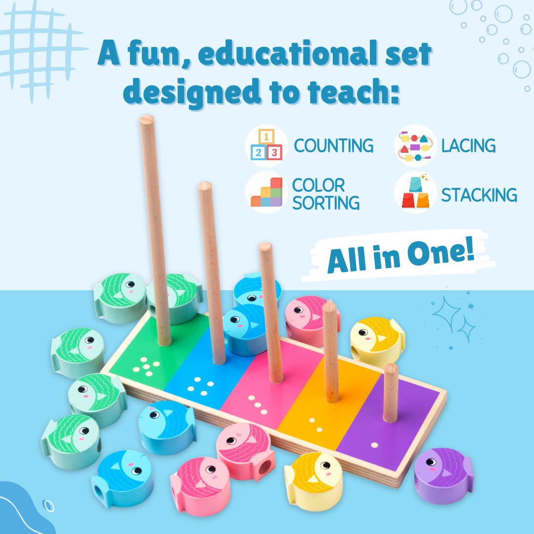 Cots and Cuddles Wooden Cat and Fish Counting, Stacking & Lacing Activity Toy for Kids - CNCWoodenCat&Fish