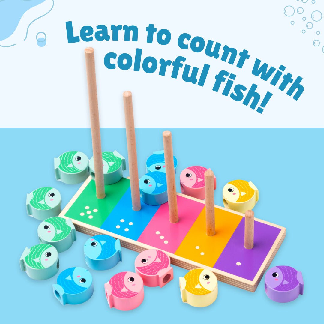 Cots and Cuddles Wooden Cat and Fish Counting, Stacking & Lacing Activity Toy for Kids - CNCWoodenCat&Fish