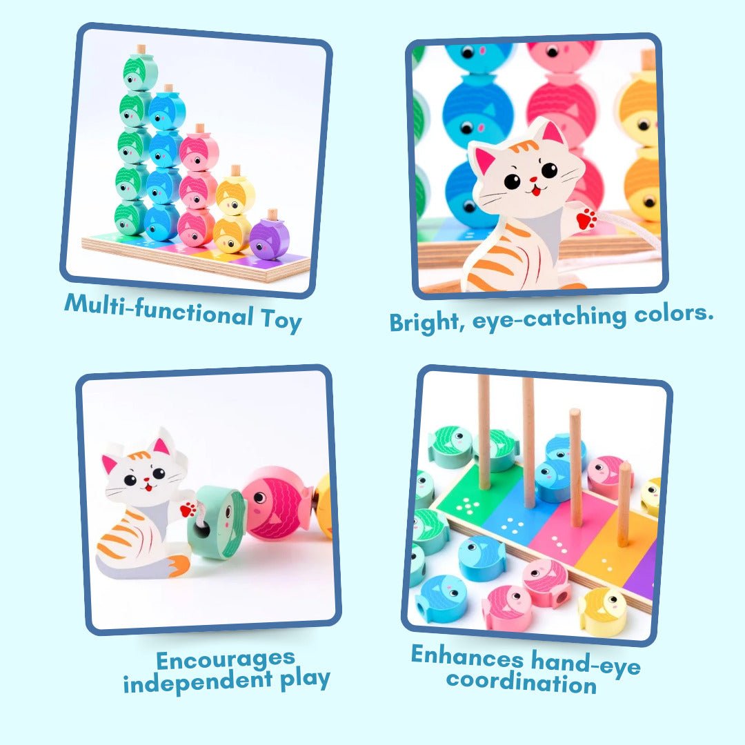Cots and Cuddles Wooden Cat and Fish Counting, Stacking & Lacing Activity Toy for Kids - CNCWoodenCat&Fish