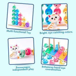 Cots and Cuddles Wooden Cat and Fish Counting, Stacking & Lacing Activity Toy for Kids - CNCWoodenCat&Fish