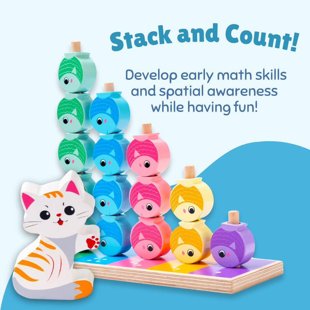 Cots and Cuddles Wooden Cat and Fish Counting, Stacking & Lacing Activity Toy for Kids - CNCWoodenCat&Fish
