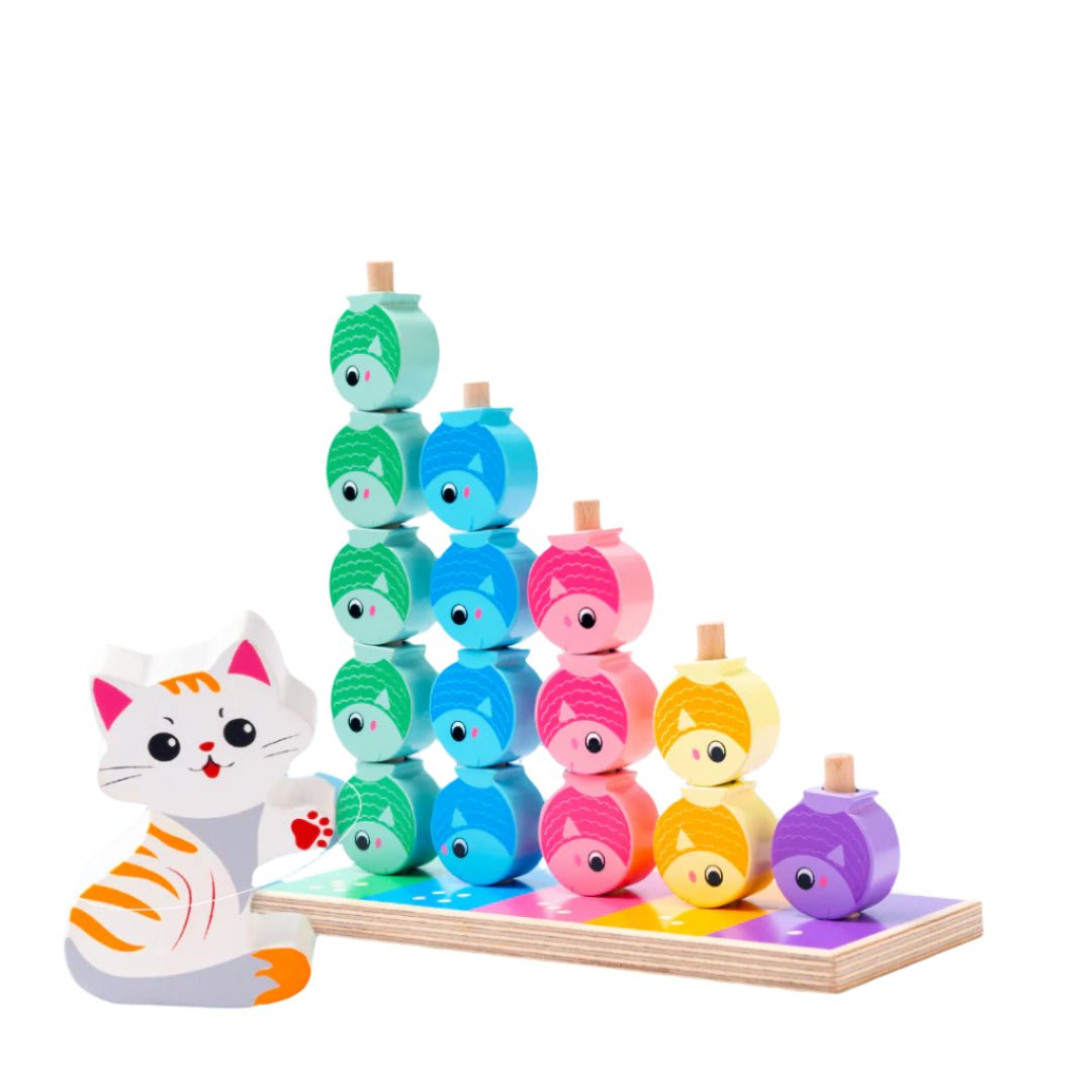 Cots and Cuddles Wooden Cat and Fish Counting, Stacking & Lacing Activity Toy for Kids - CNCWoodenCat&Fish