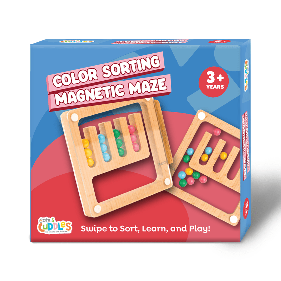 Cots and Cuddles Wooden Color Sorting and Magnetic Maze Toy with 15 Pattern Cards for Kids - CNC Wooden Magnetic Maze