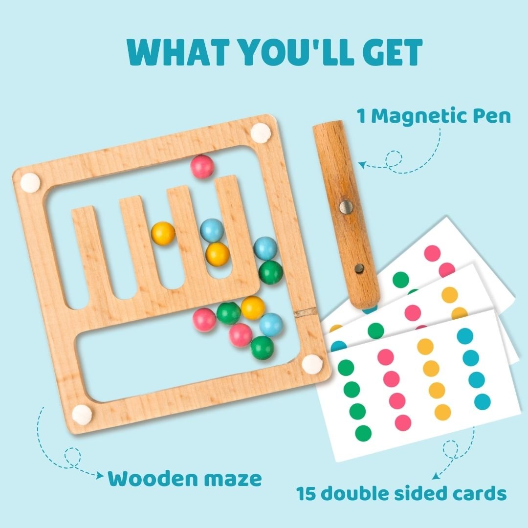 Cots and Cuddles Wooden Color Sorting and Magnetic Maze Toy with 15 Pattern Cards for Kids - CNC Wooden Magnetic Maze