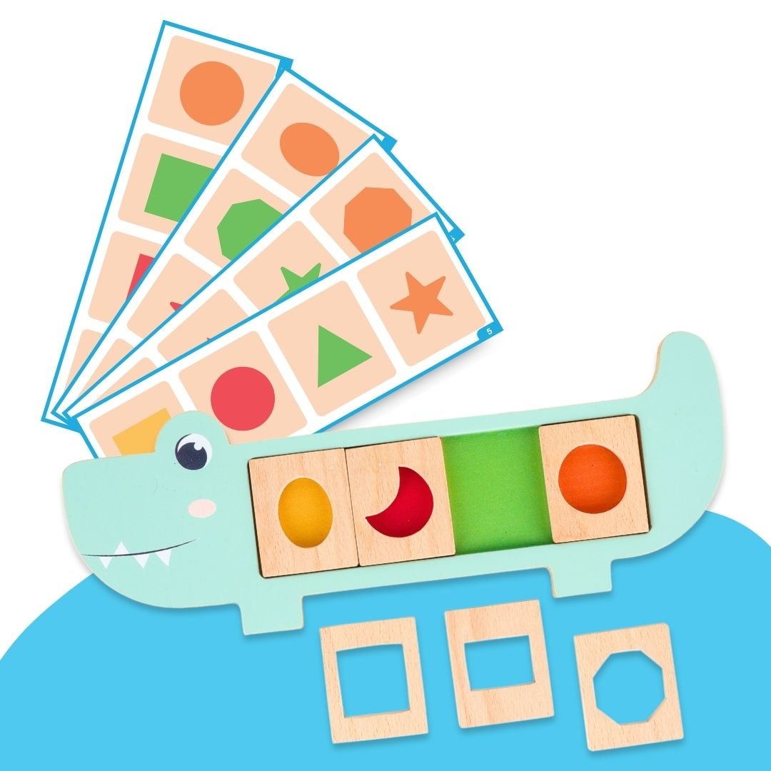 Cots and Cuddles Wooden Crocodile Snap and Learn Shapes Board for Kids - CNC Wooden Crocodile Snap and learn Shapes