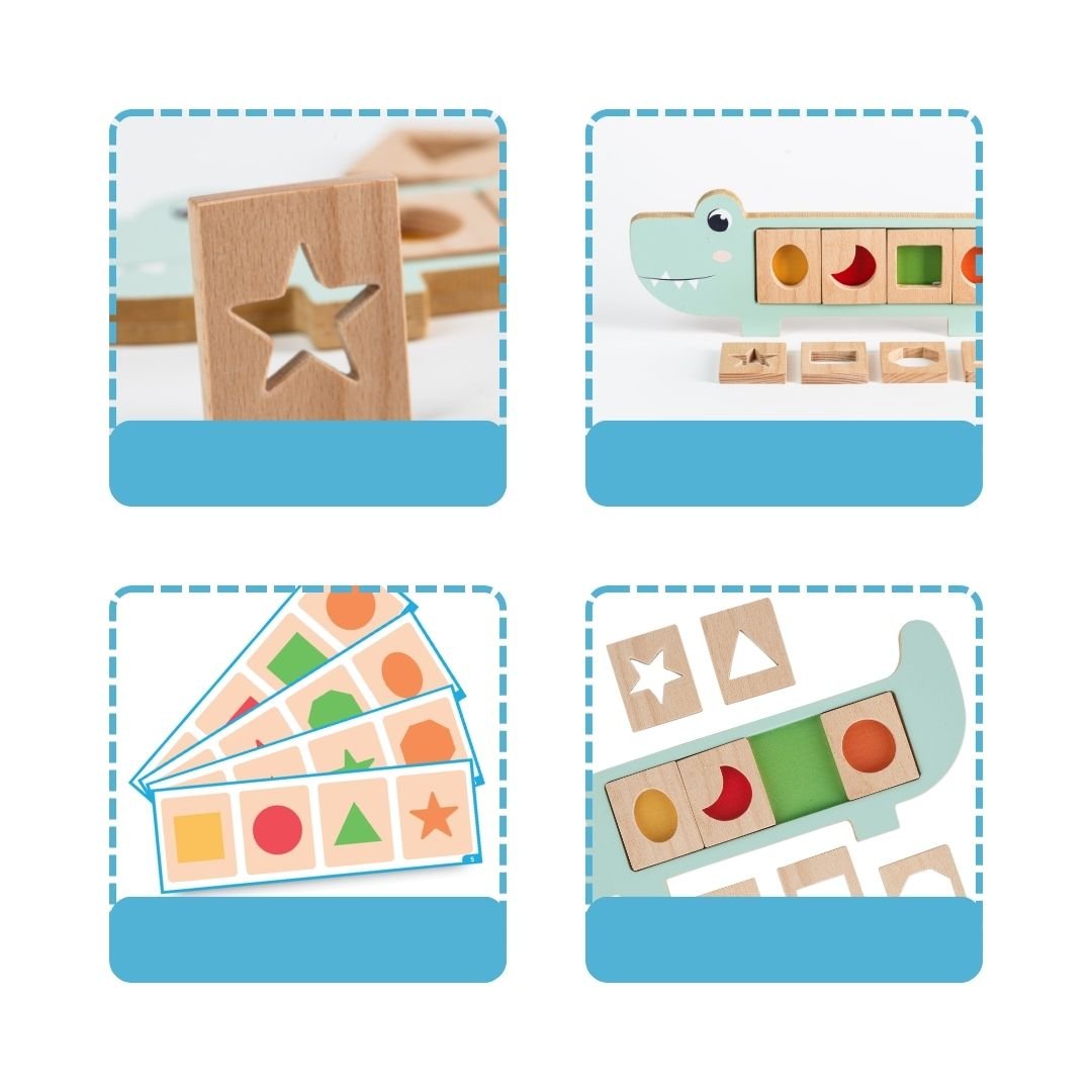 Cots and Cuddles Wooden Crocodile Snap and Learn Shapes Board for Kids - CNC Wooden Crocodile Snap and learn Shapes