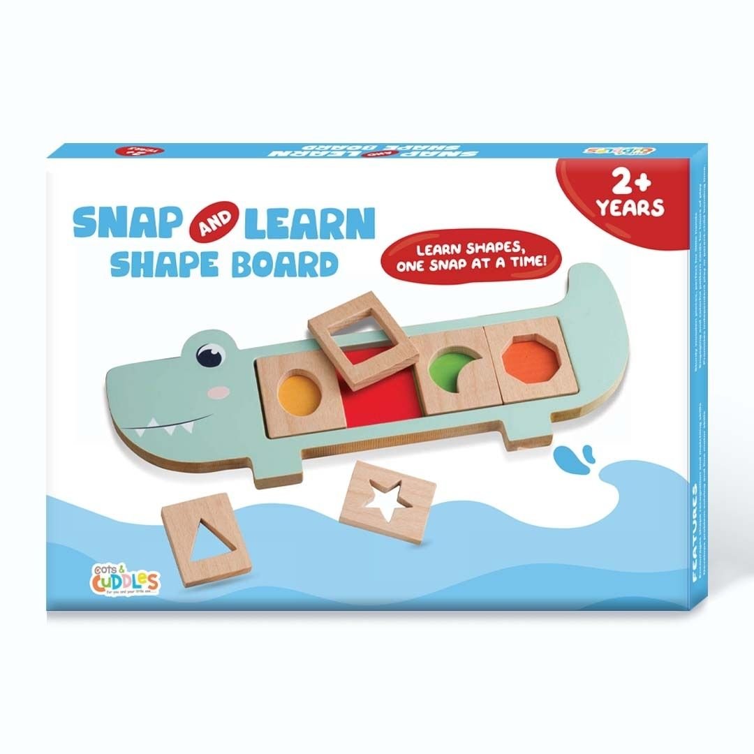 Cots and Cuddles Wooden Crocodile Snap and Learn Shapes Board for Kids - CNC Wooden Crocodile Snap and learn Shapes